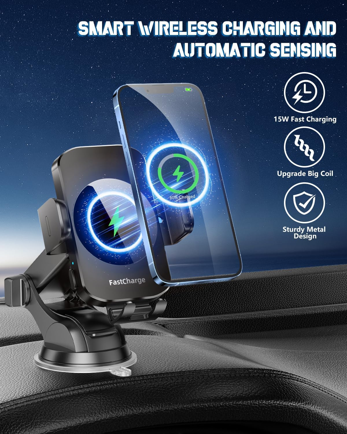 3-in-1 Wireless Car Charger Mount – 15W Fast Charging Auto-Clamping Phone Holder for iPhone & Samsung Galaxy, Dashboard, Vent & Windshield