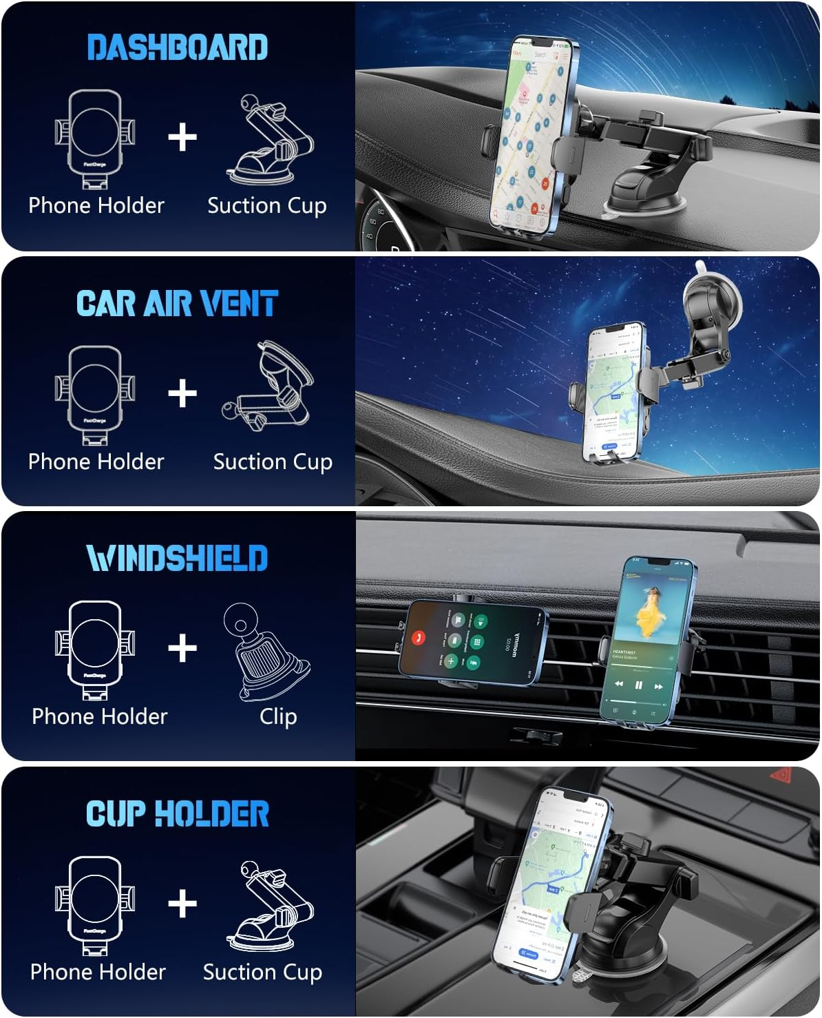 3-in-1 Wireless Car Charger Mount – 15W Fast Charging Auto-Clamping Phone Holder for iPhone & Samsung Galaxy, Dashboard, Vent & Windshield