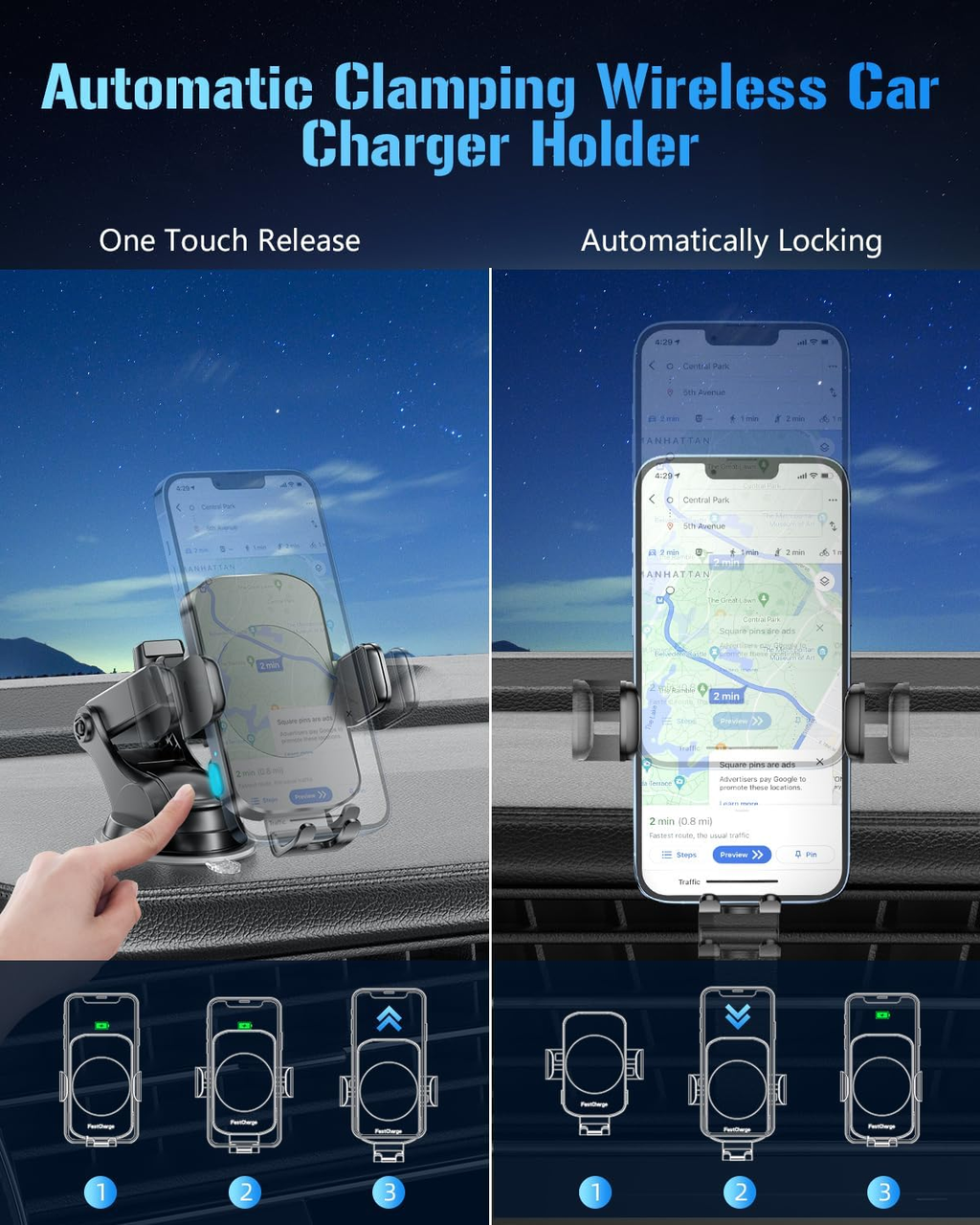 3-in-1 Wireless Car Charger Mount – 15W Fast Charging Auto-Clamping Phone Holder for iPhone & Samsung Galaxy, Dashboard, Vent & Windshield
