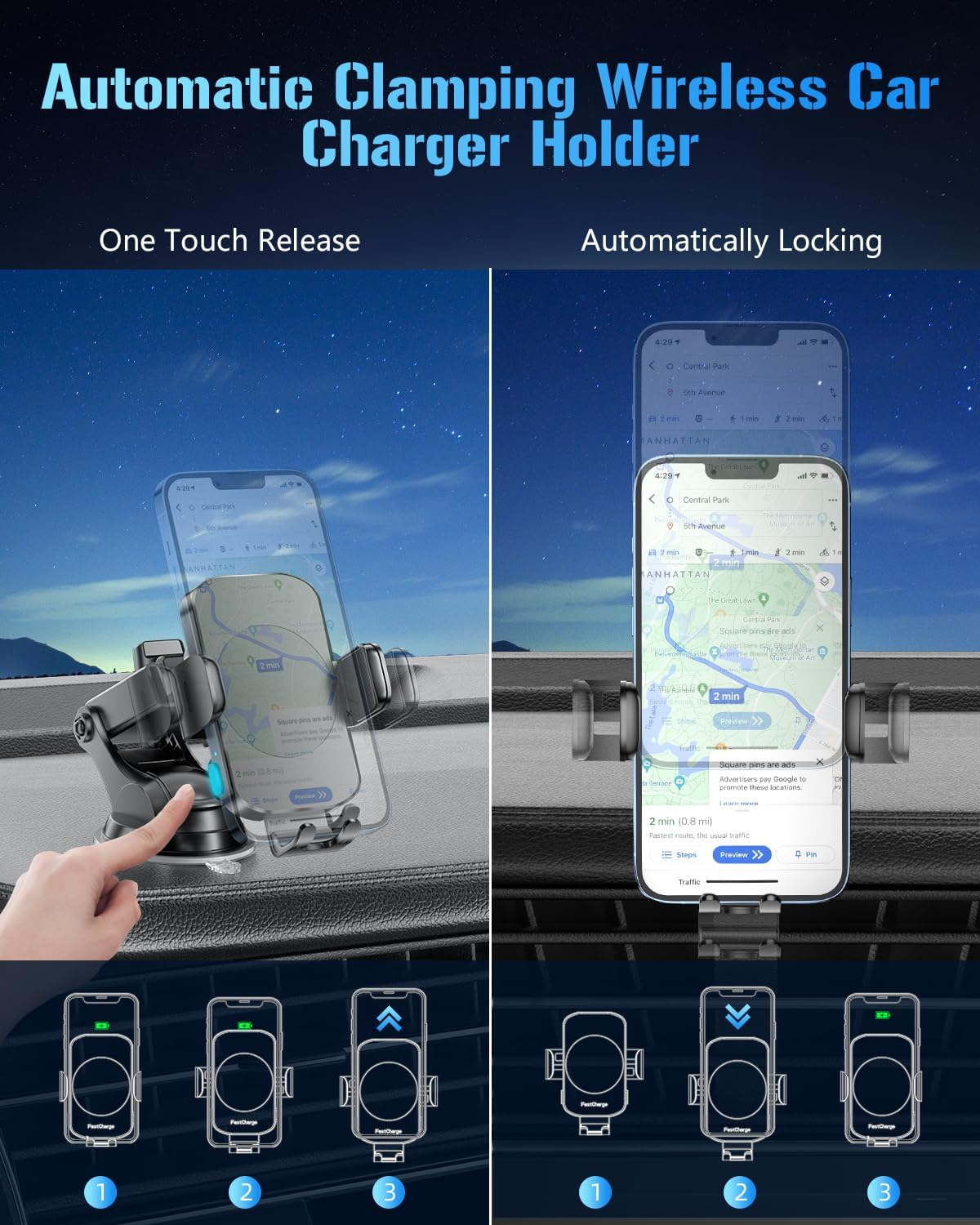 3-in-1 Wireless Car Charger Mount – 15W Fast Charging Auto-Clamping Phone Holder for iPhone & Samsung Galaxy, Dashboard, Vent & Windshield