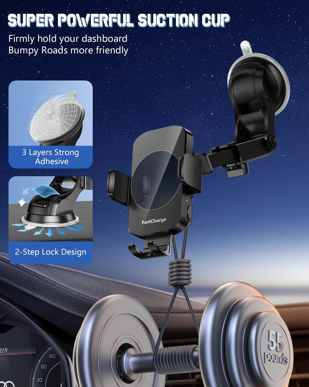 3-in-1 Wireless Car Charger Mount – 15W Fast Charging Auto-Clamping Phone Holder for iPhone & Samsung Galaxy, Dashboard, Vent & Windshield