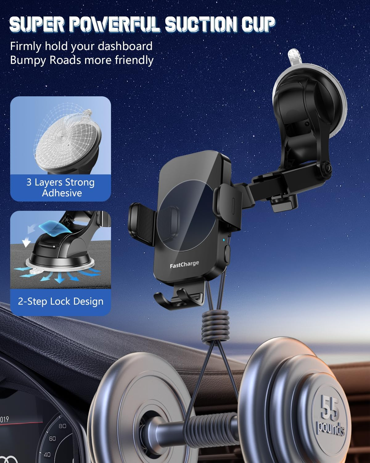 3-in-1 Wireless Car Charger Mount – 15W Fast Charging Auto-Clamping Phone Holder for iPhone & Samsung Galaxy, Dashboard, Vent & Windshield