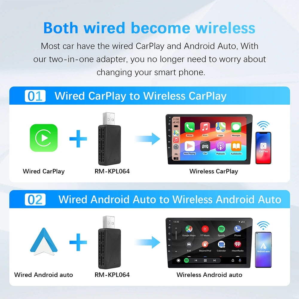 2-in-1 Wireless CarPlay & Android Auto Adapter – Mini Plug & Play Dongle for Cars with Wired CarPlay/Android Auto