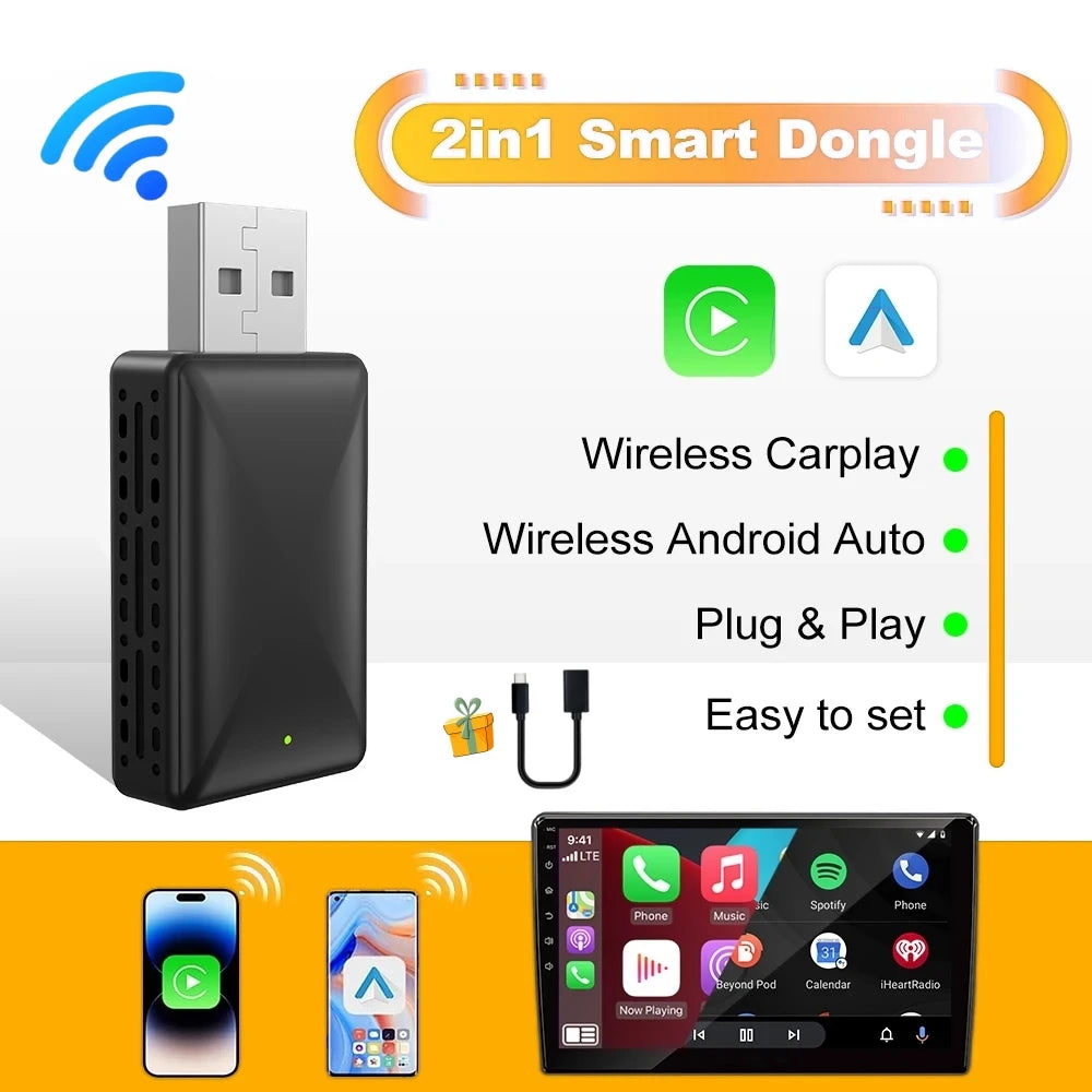 2-in-1 Wireless CarPlay & Android Auto Adapter – Mini Plug & Play Dongle for Cars with Wired CarPlay/Android Auto
