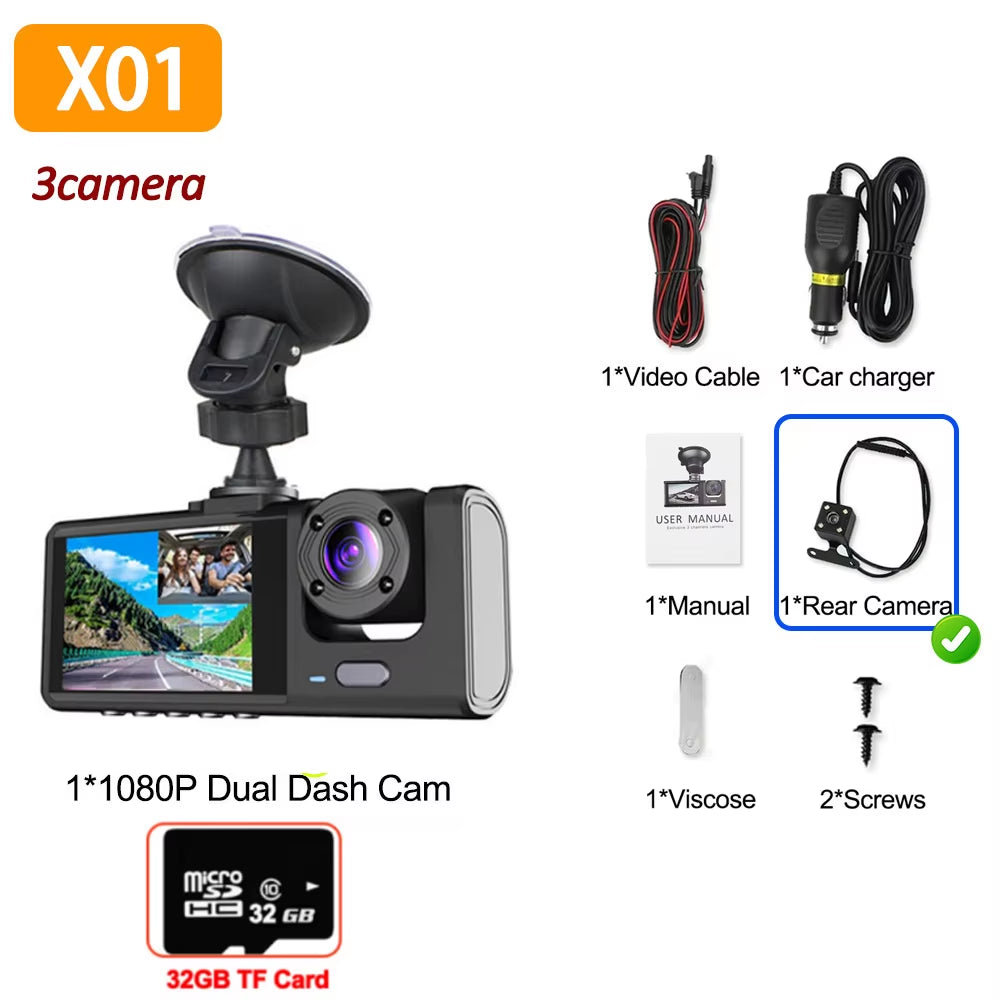1080P 3-Channel Car Dash Cam – Front & Rear Vehicle Camera Recorder with IR Night Vision