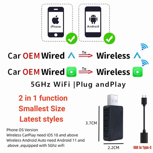 2-in-1 Wireless CarPlay & Android Auto Adapter – Mini Plug & Play Dongle for Cars with Wired CarPlay/Android Auto