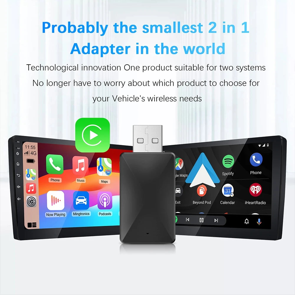 2-in-1 Wireless CarPlay & Android Auto Adapter – Mini Plug & Play Dongle for Cars with Wired CarPlay/Android Auto