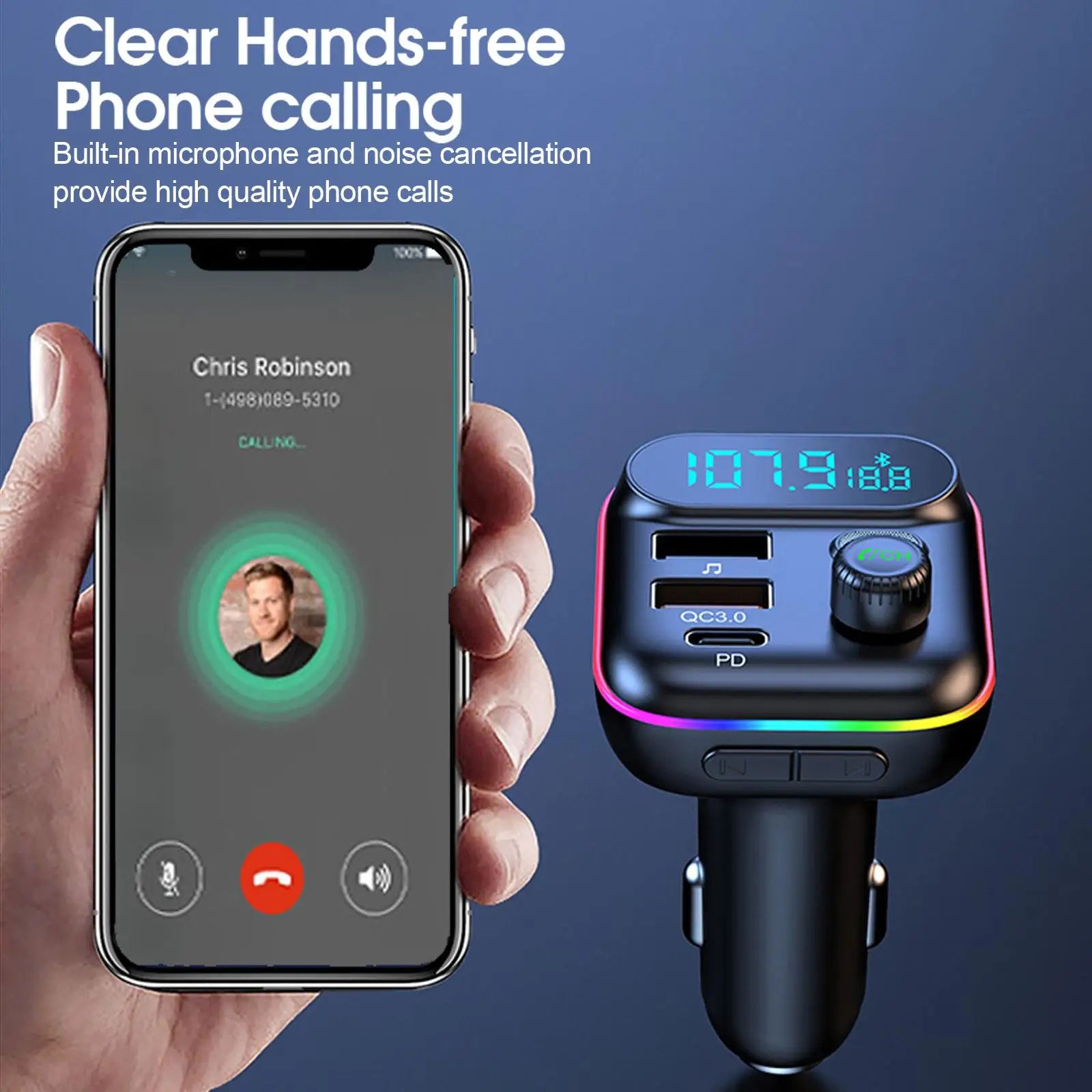 Bluetooth 5.0 FM Transmitter for Car – Wireless Audio Adapter with USB & PD Fast Charging, Hands-Free Car Kit
