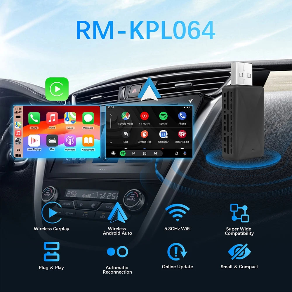 2-in-1 Wireless CarPlay & Android Auto Adapter – Mini Plug & Play Dongle for Cars with Wired CarPlay/Android Auto