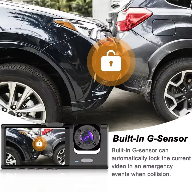 1080P 3-Channel Car Dash Cam – Front & Rear Vehicle Camera Recorder with IR Night Vision