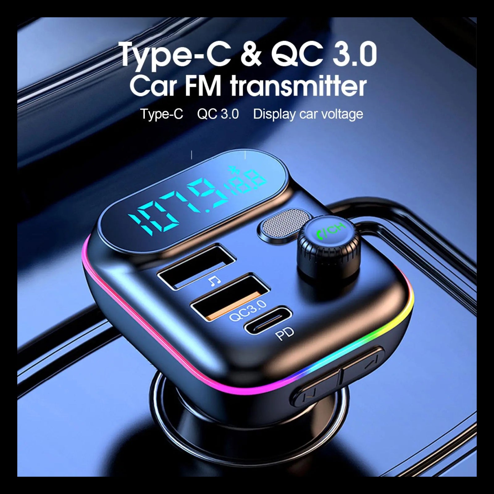 Bluetooth 5.0 FM Transmitter for Car – Wireless Audio Adapter with USB & PD Fast Charging, Hands-Free Car Kit