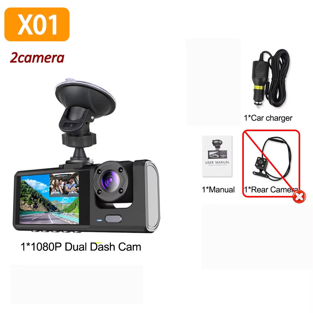 1080P 3-Channel Car Dash Cam – Front & Rear Vehicle Camera Recorder with IR Night Vision