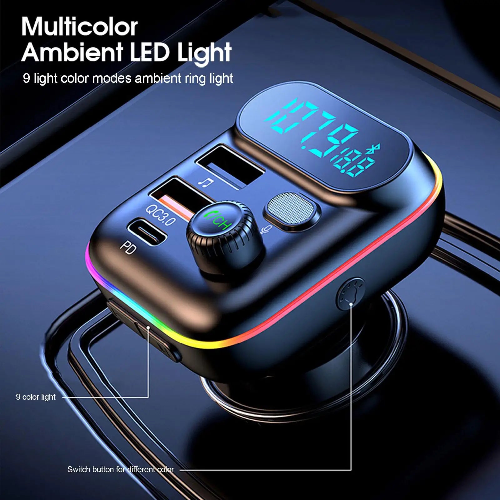Bluetooth 5.0 FM Transmitter for Car – Wireless Audio Adapter with USB & PD Fast Charging, Hands-Free Car Kit