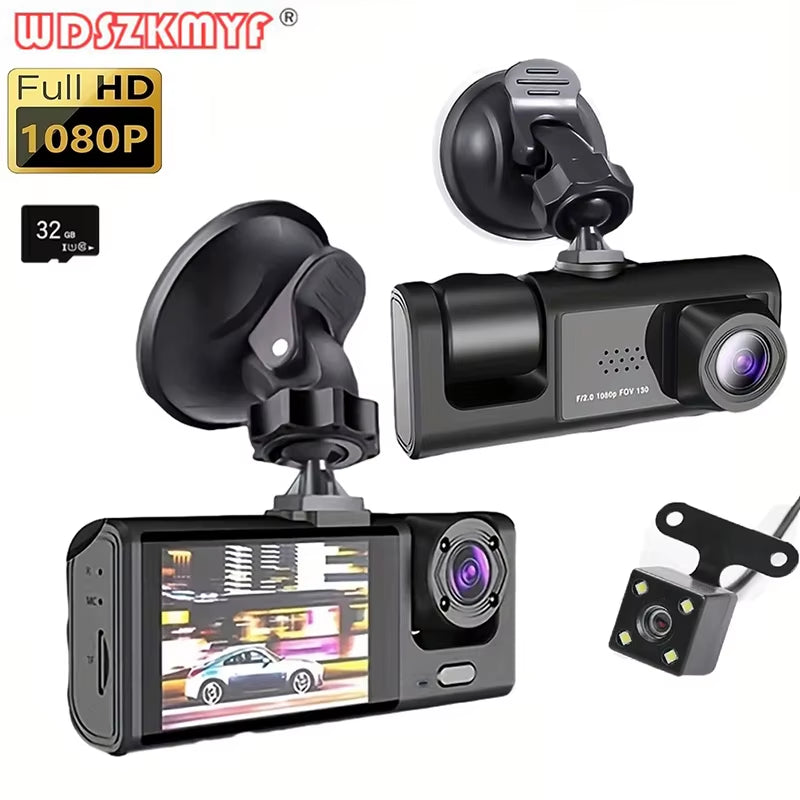 1080P 3-Channel Car Dash Cam – Front & Rear Vehicle Camera Recorder with IR Night Vision
