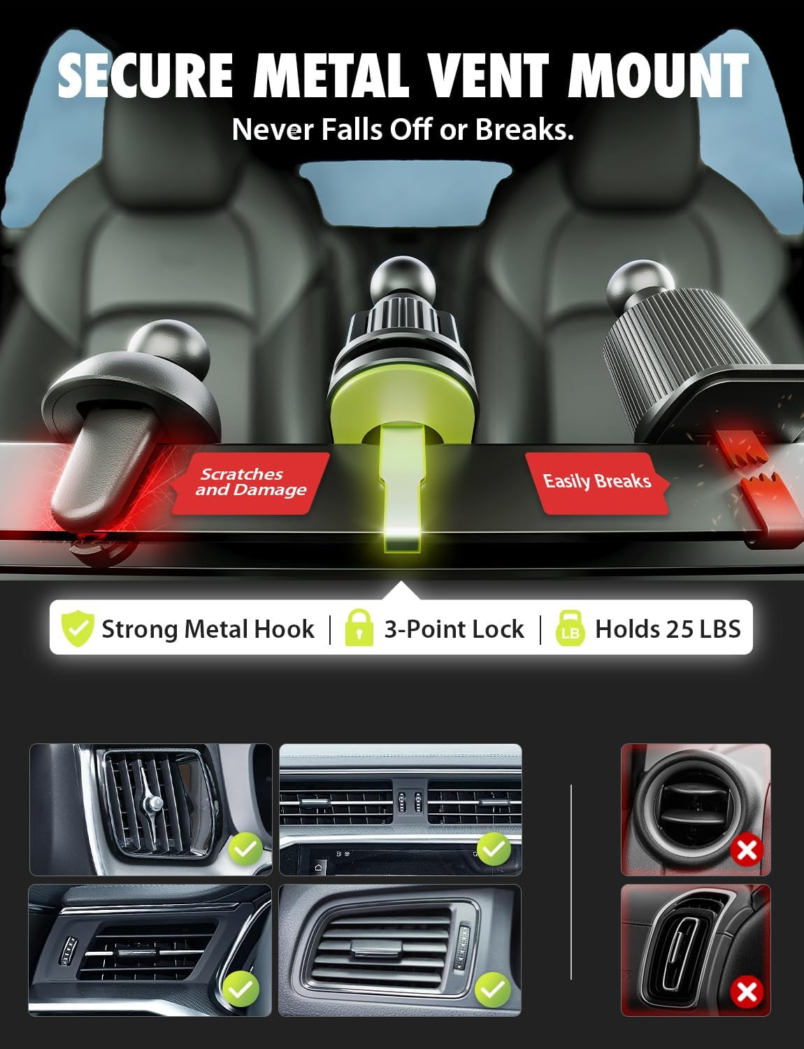 Universal Car Phone Mount – Dashboard, Air Vent & Window Holder with Secure Adjustable Grip