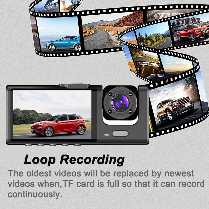 1080P 3-Channel Car Dash Cam – Front & Rear Vehicle Camera Recorder with IR Night Vision