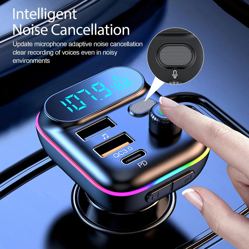 Bluetooth 5.0 FM Transmitter for Car – Wireless Audio Adapter with USB & PD Fast Charging, Hands-Free Car Kit
