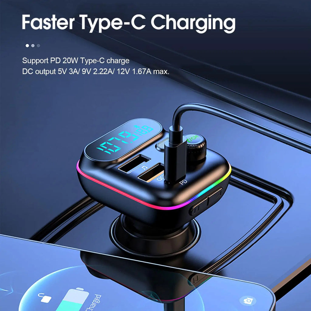 Bluetooth 5.0 FM Transmitter for Car – Wireless Audio Adapter with USB & PD Fast Charging, Hands-Free Car Kit