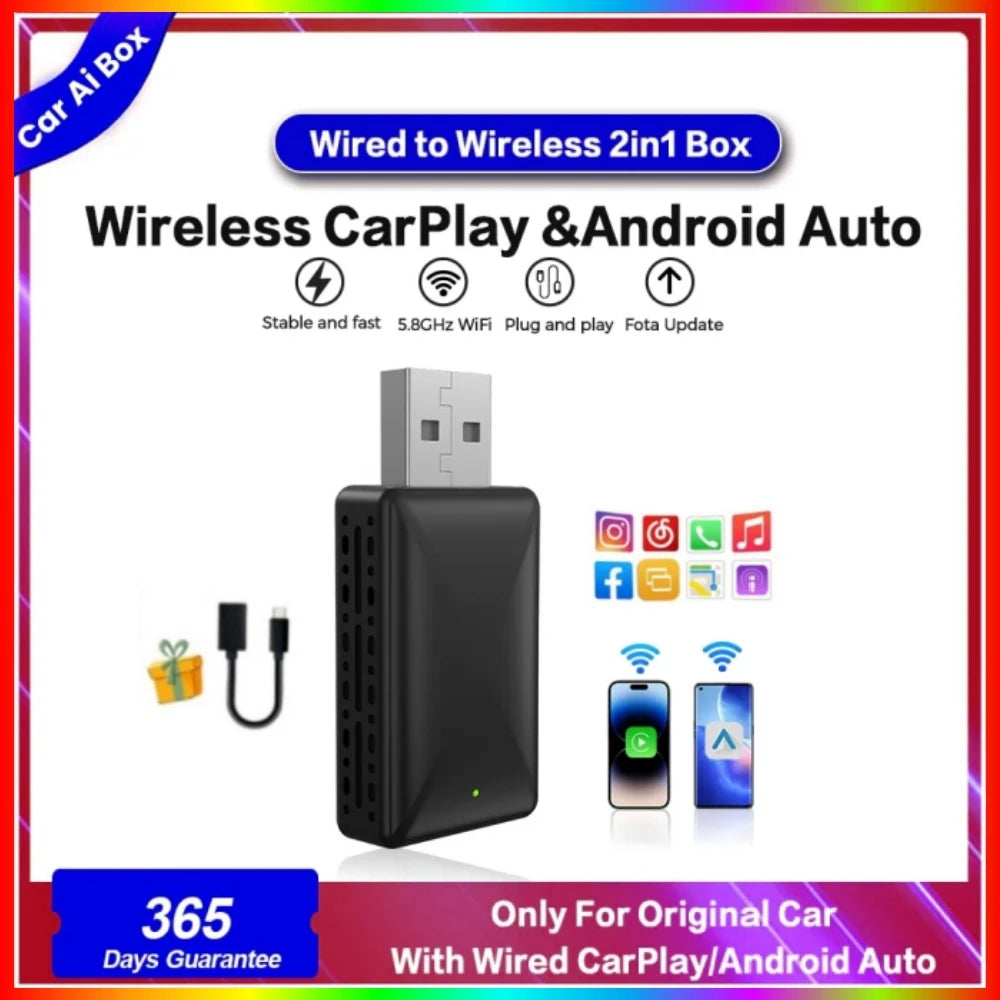 2-in-1 Wireless CarPlay & Android Auto Adapter – Mini Plug & Play Dongle for Cars with Wired CarPlay/Android Auto