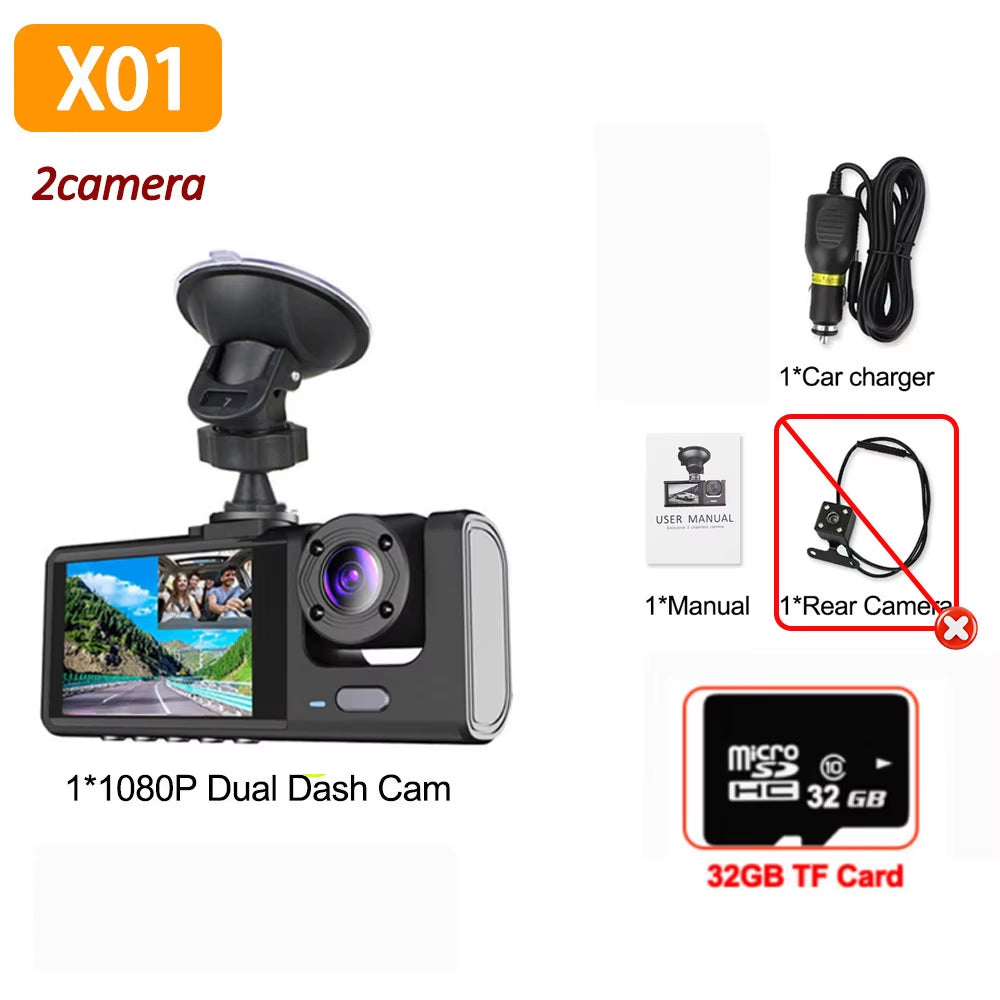 1080P 3-Channel Car Dash Cam – Front & Rear Vehicle Camera Recorder with IR Night Vision