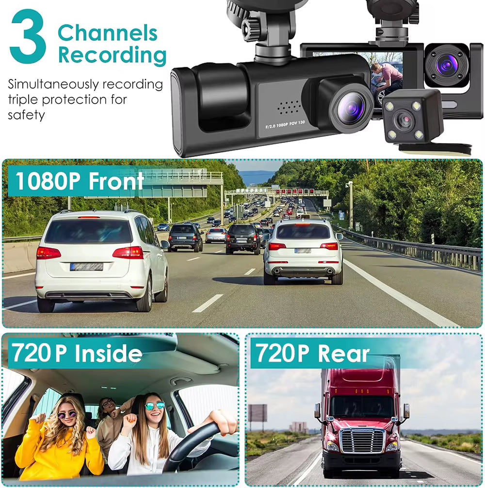 1080P 3-Channel Car Dash Cam – Front & Rear Vehicle Camera Recorder with IR Night Vision